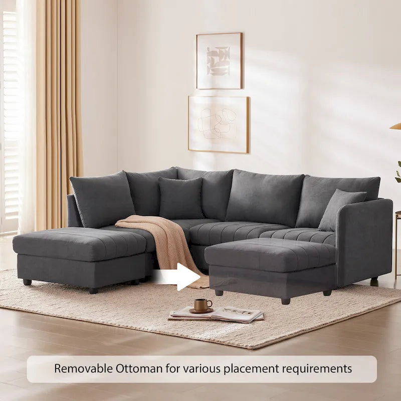 Canapé d'angle gris en forme de L avec pouf, rayures verticales, 5 places