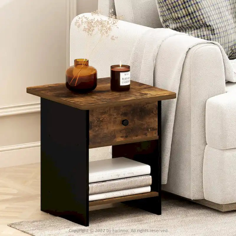 Table de chevet avec tiroir de rangement et étagère – Chêne français/Pin ambré, lot de 1 ou 2