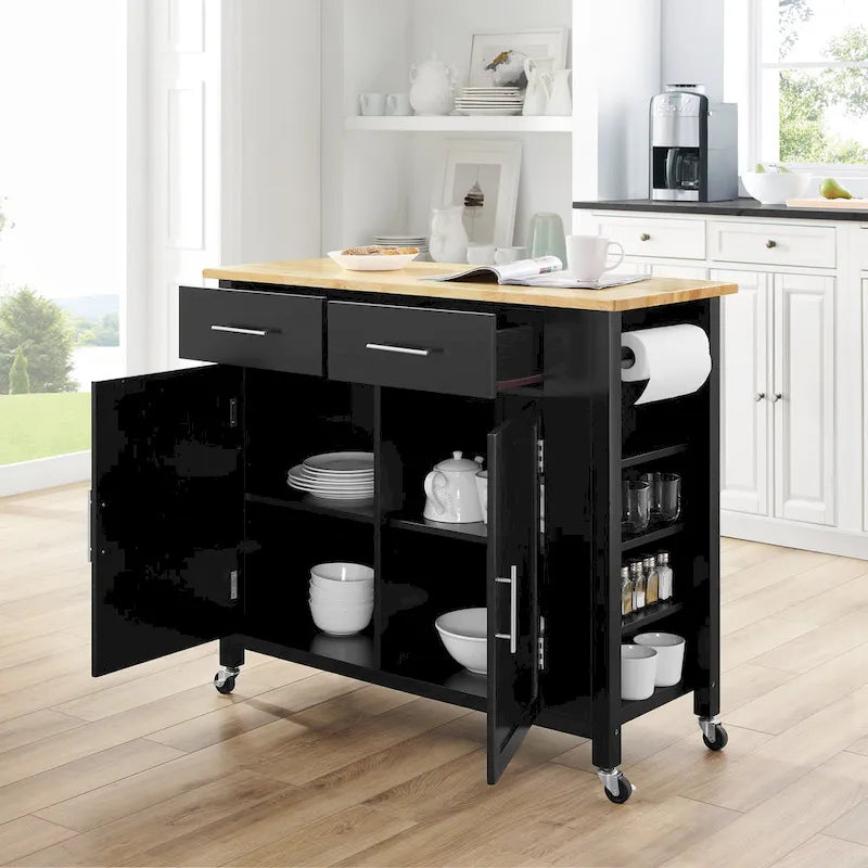 Desserte de cuisine noire à plateau en bois avec rangement, utilisation individuelle