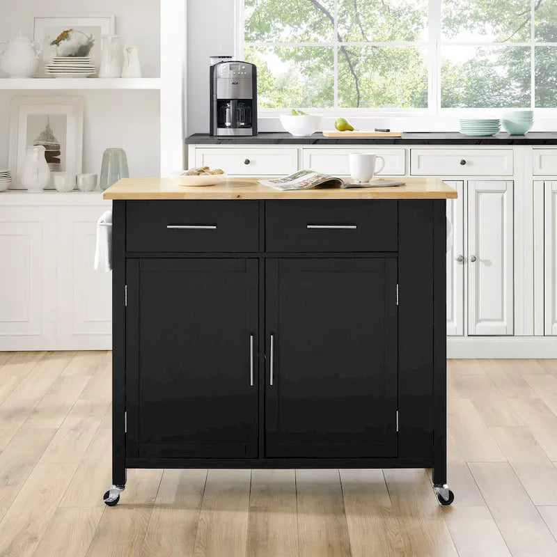 Desserte de cuisine noire à plateau en bois avec rangement, utilisation individuelle
