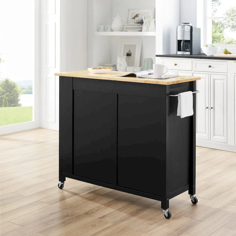 Desserte de cuisine noire à plateau en bois avec rangement, utilisation individuelle