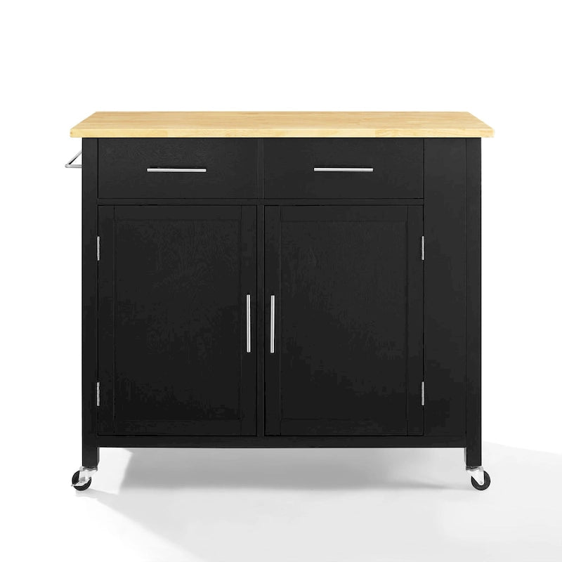 Desserte de cuisine noire à plateau en bois avec rangement, utilisation individuelle