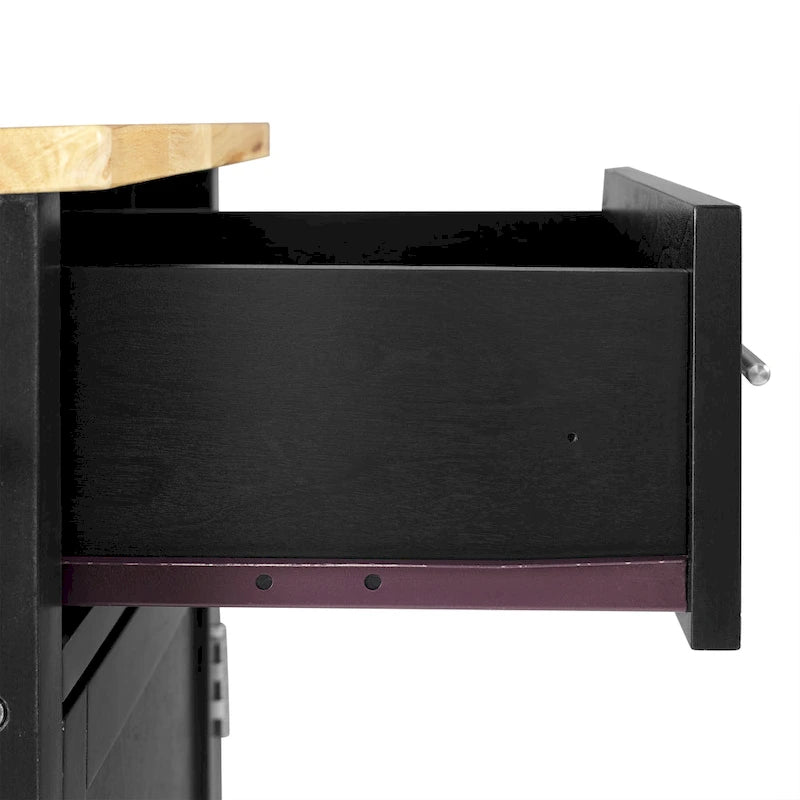 Desserte de cuisine noire à plateau en bois avec rangement, utilisation individuelle