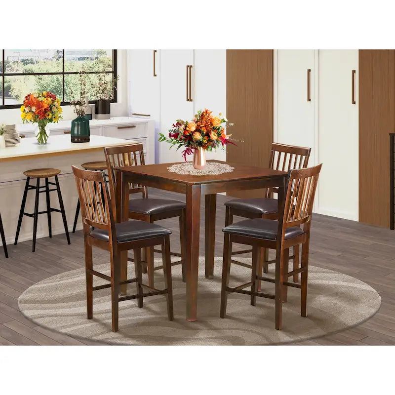 Ensemble de salle à manger 5 pièces en acajou hauteur comptoir – Table carrée et 4 chaises (4 places)