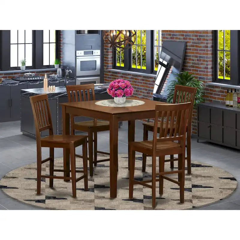 Ensemble de salle à manger 5 pièces en acajou hauteur comptoir – Table carrée et 4 chaises (4 places)