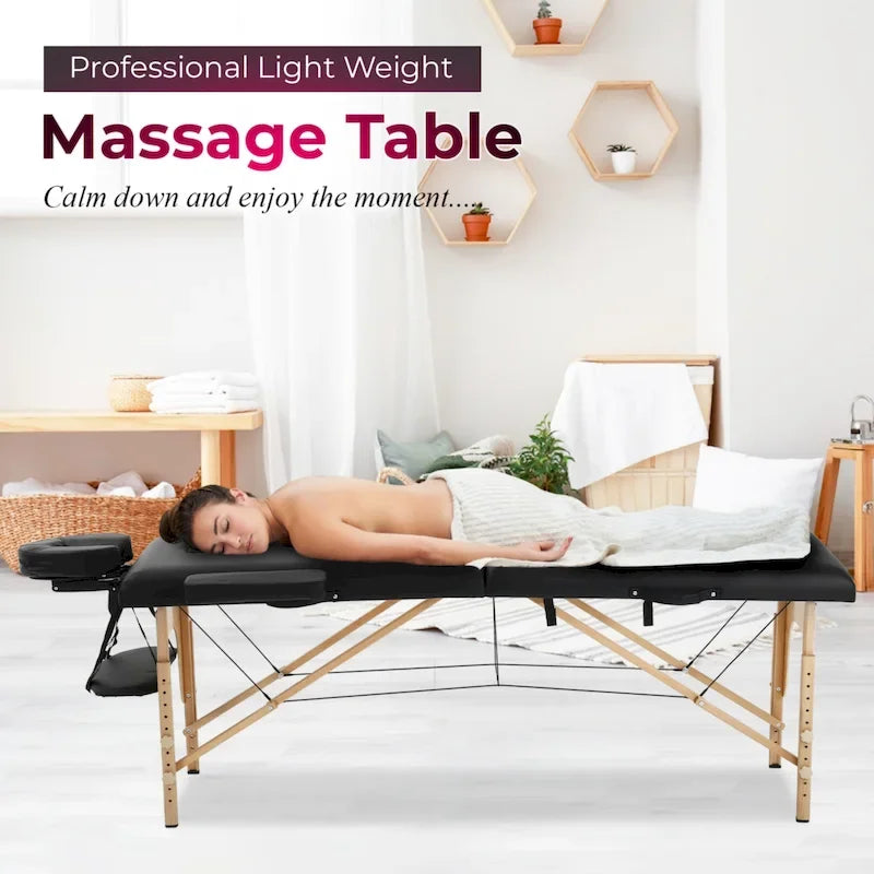 Table de massage pliante portable Matthew Black avec hauteur réglable, accoudoirs et oreiller respiratoire