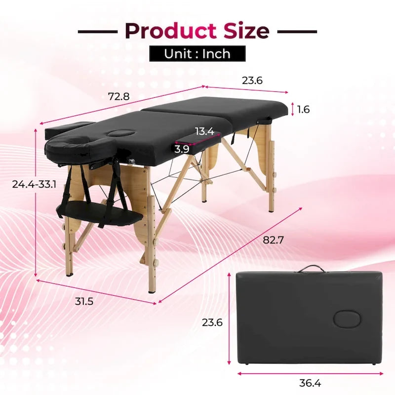 Table de massage pliante portable Matthew Black avec hauteur réglable, accoudoirs et oreiller respiratoire