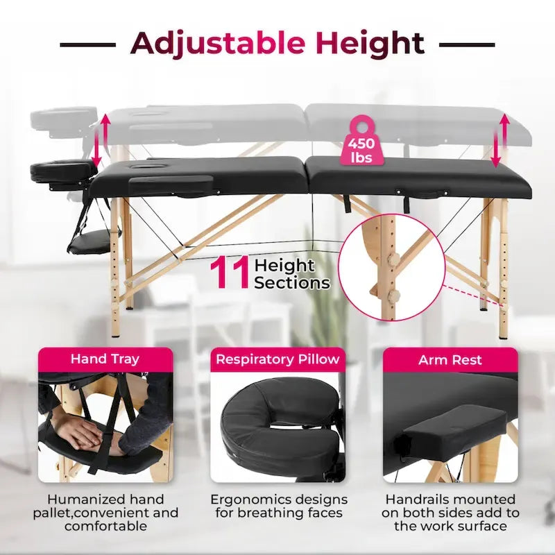 Table de massage pliante portable Matthew Black avec hauteur réglable, accoudoirs et oreiller respiratoire