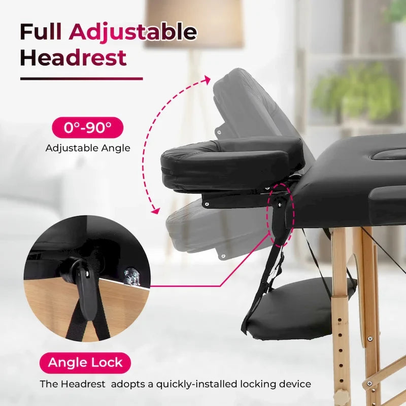 Table de massage pliante portable Matthew Black avec hauteur réglable, accoudoirs et oreiller respiratoire