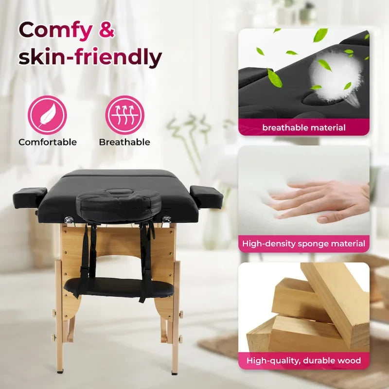 Table de massage pliante portable Matthew Black avec hauteur réglable, accoudoirs et oreiller respiratoire