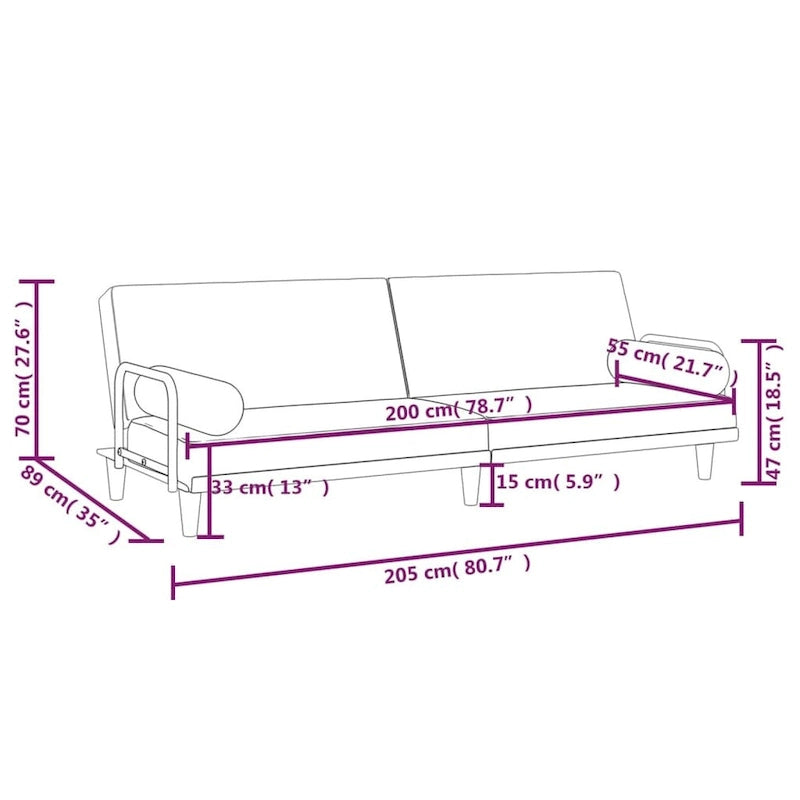 Canapé convertible en tissu avec accoudoirs, 2 places