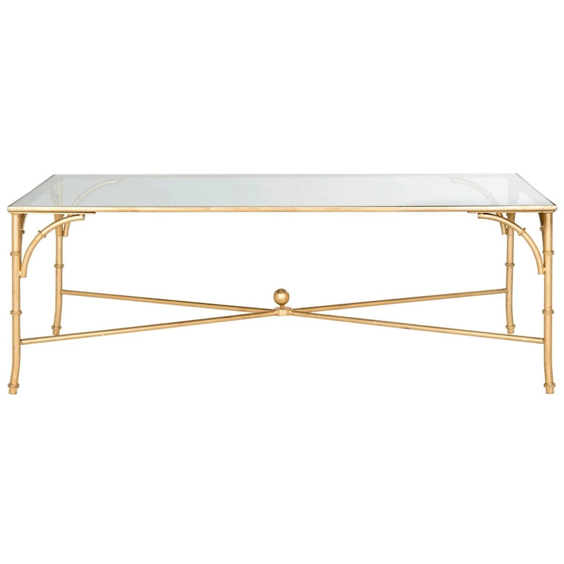 Table basse dorée en fer effet bambou avec plateau en verre, 50"L x 26"P x 18"H