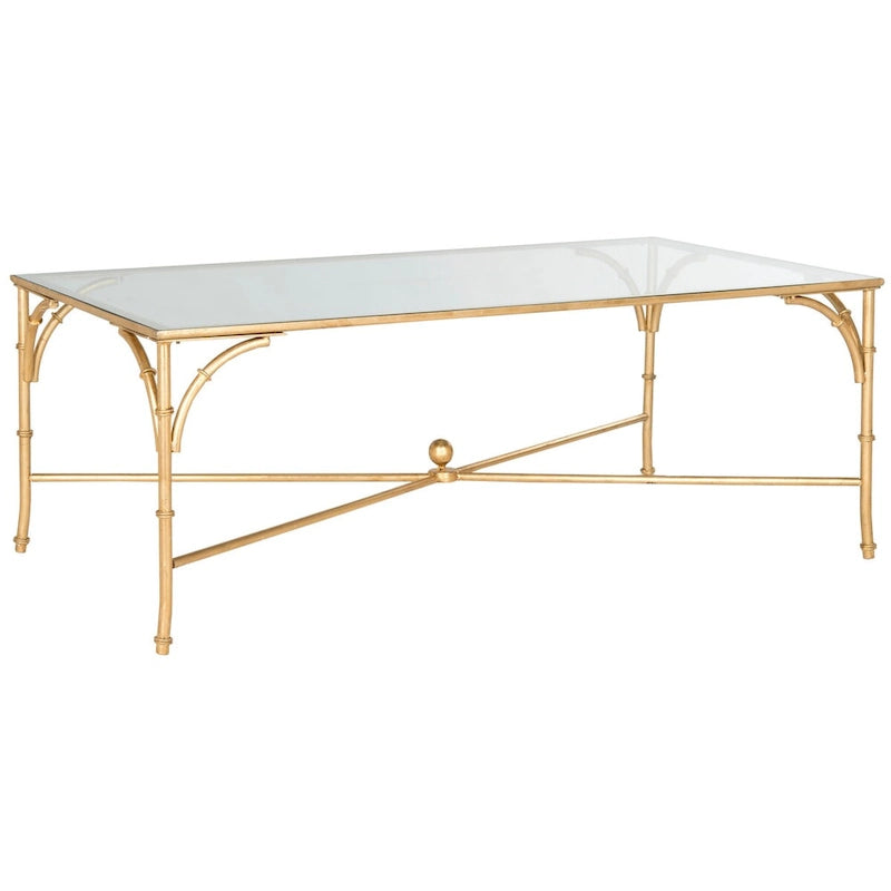 Table basse dorée en fer effet bambou avec plateau en verre, 50"L x 26"P x 18"H