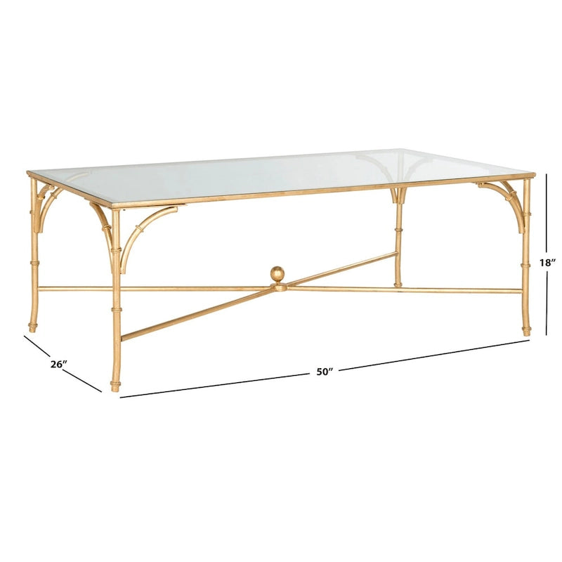 Table basse dorée en fer effet bambou avec plateau en verre, 50"L x 26"P x 18"H