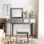 Coiffeuse en bois avec miroir escamotable et tabouret