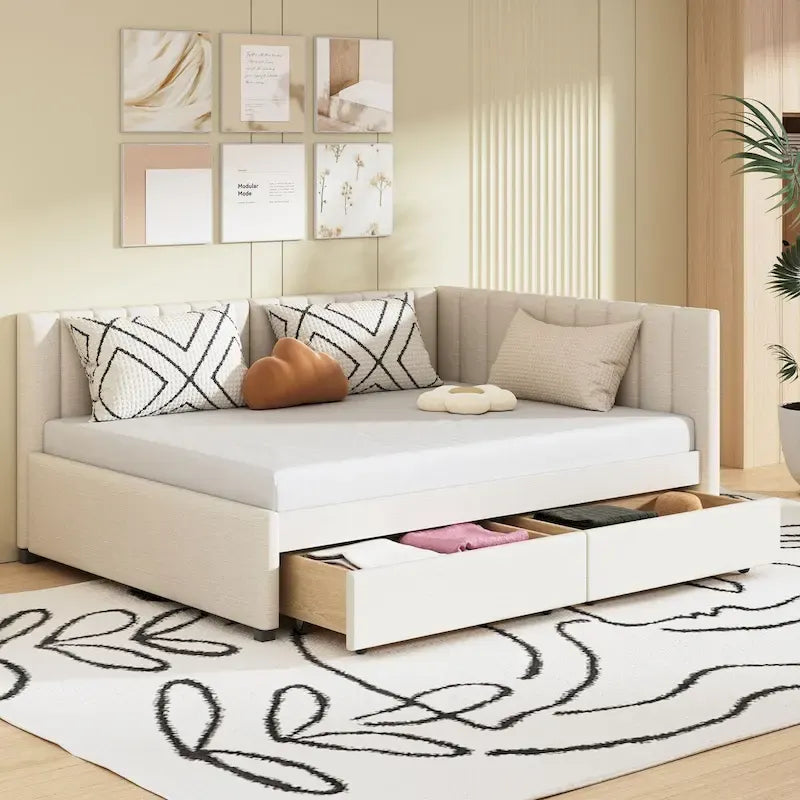 Lit de repos rembourré pleine grandeur avec 2 tiroirs de rangement, Cadre de lit banquette, Aucun sommier tapissier requis, Tissu en lin (beige)