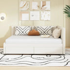 Lit de repos rembourré pleine grandeur avec 2 tiroirs de rangement, Cadre de lit banquette, Aucun sommier tapissier requis, Tissu en lin (beige)