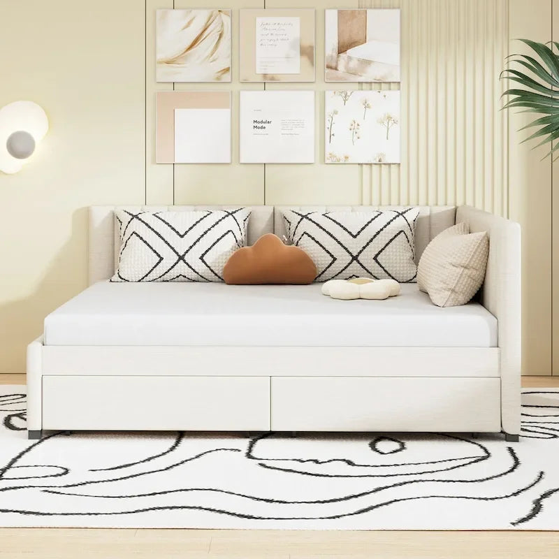Lit de repos rembourré pleine grandeur avec 2 tiroirs de rangement, Cadre de lit banquette, Aucun sommier tapissier requis, Tissu en lin (beige)