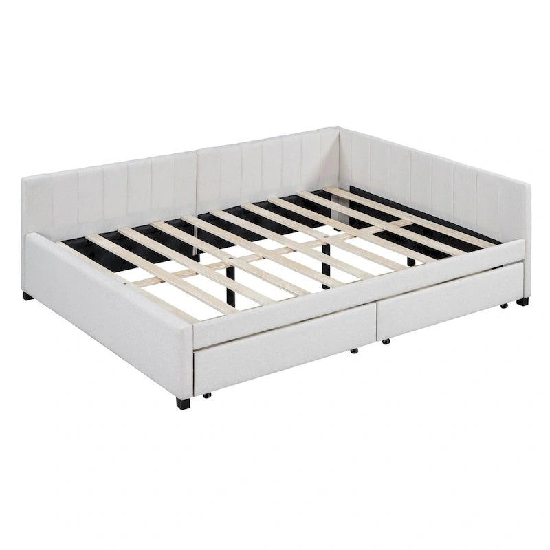 Lit de repos rembourré pleine grandeur avec 2 tiroirs de rangement, Cadre de lit banquette, Aucun sommier tapissier requis, Tissu en lin (beige)