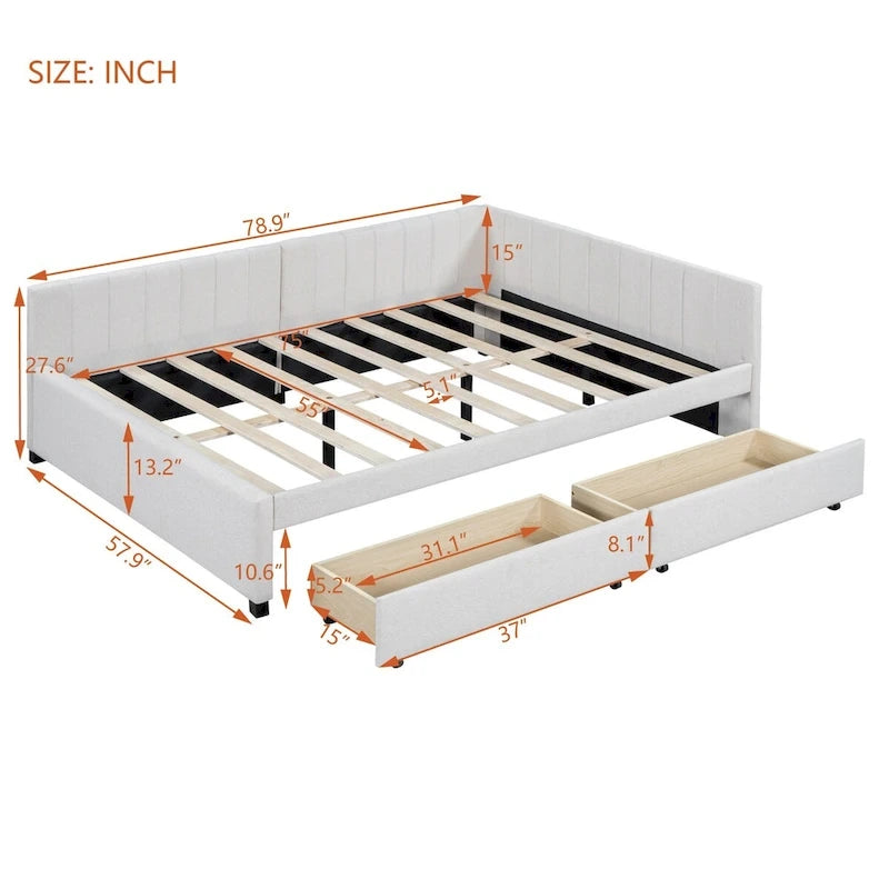 Lit de repos rembourré pleine grandeur avec 2 tiroirs de rangement, Cadre de lit banquette, Aucun sommier tapissier requis, Tissu en lin (beige)