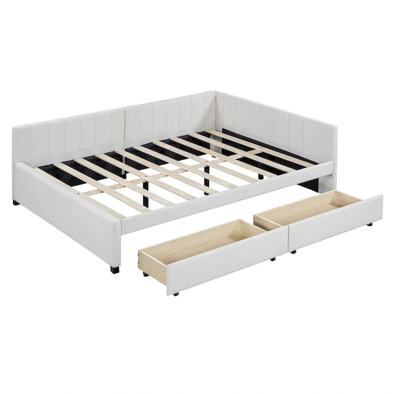 Lit de repos rembourré pleine grandeur avec 2 tiroirs de rangement, Cadre de lit banquette, Aucun sommier tapissier requis, Tissu en lin (beige)