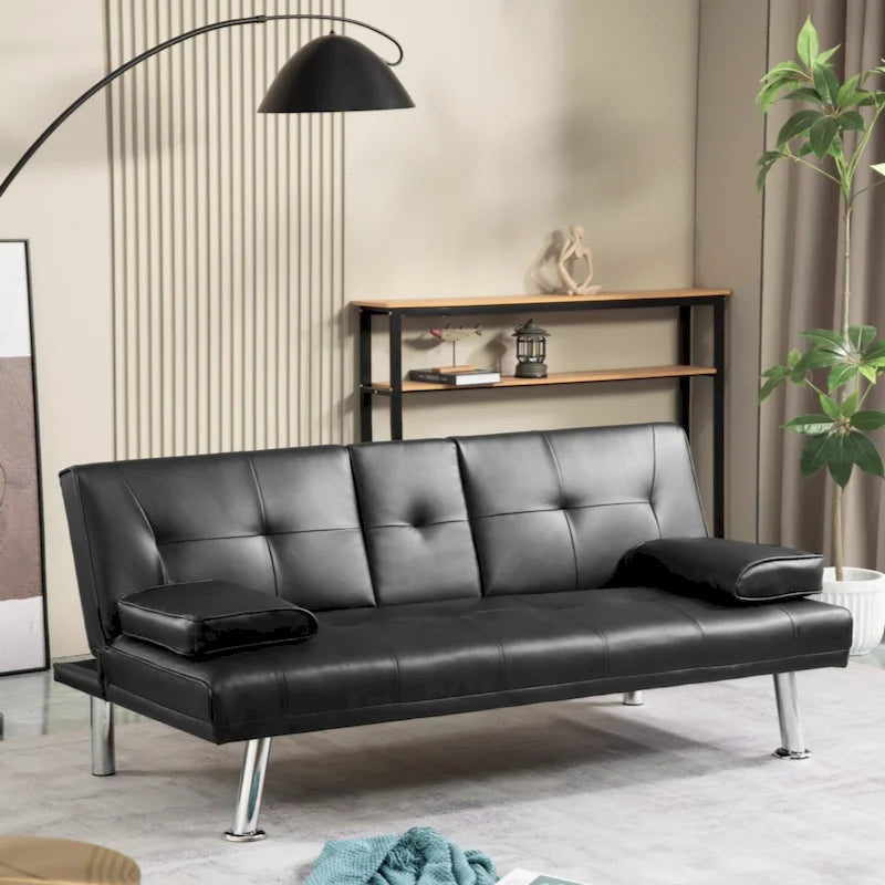 Canapé convertible futon moderne en PU, accoudoirs amovibles, pieds en métal, avec 2 porte-gobelets