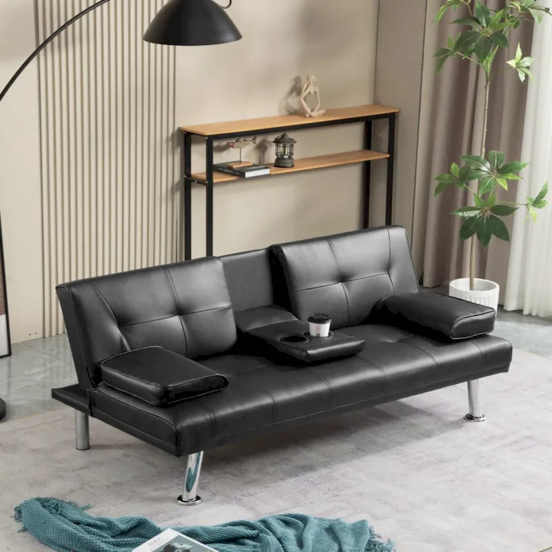 Canapé convertible futon moderne en PU, accoudoirs amovibles, pieds en métal, avec 2 porte-gobelets