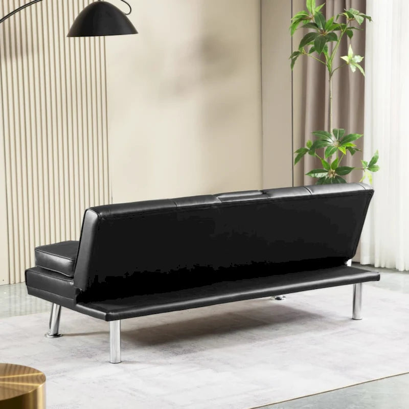 Canapé convertible futon moderne en PU, accoudoirs amovibles, pieds en métal, avec 2 porte-gobelets