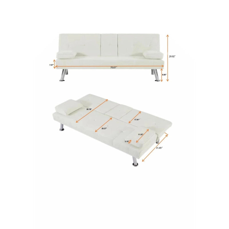 Canapé convertible futon moderne en PU, accoudoirs amovibles, pieds en métal, avec 2 porte-gobelets