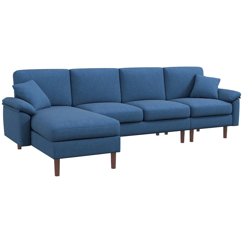 Canapé d'angle réversible en L bleu/gris avec méridienne, tissu lin, 3-4 places