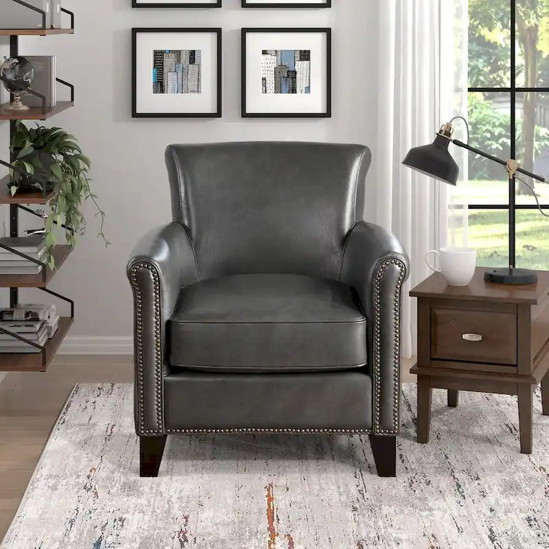 Fauteuil d'appoint traditionnel en cuir 1 pc Cadre en bois massif Cuir pleine fleur Clous de tapissier Meubles de salon modernes classiques