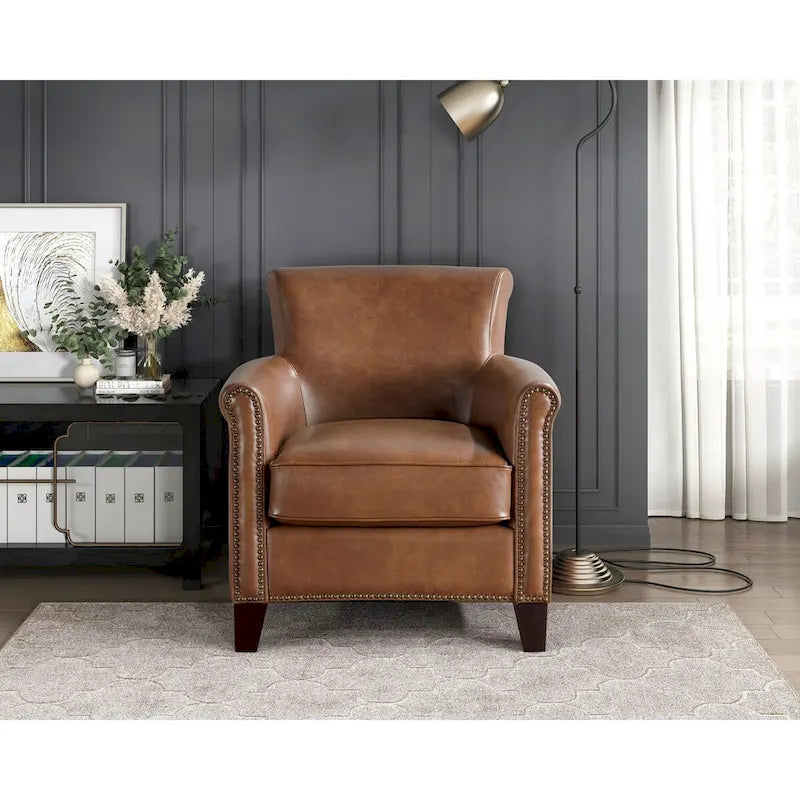 Fauteuil d'appoint traditionnel en cuir 1 pc Cadre en bois massif Cuir pleine fleur Clous de tapissier Meubles de salon modernes classiques