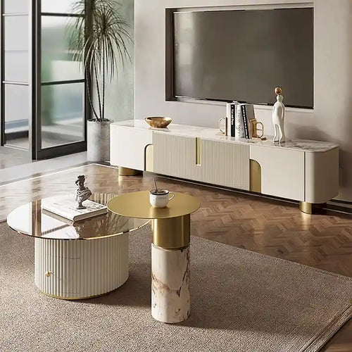 Meuble TV de 200 cm avec 3 tiroirs, couleur blanche, plateau en pierre frittée - 200 cm