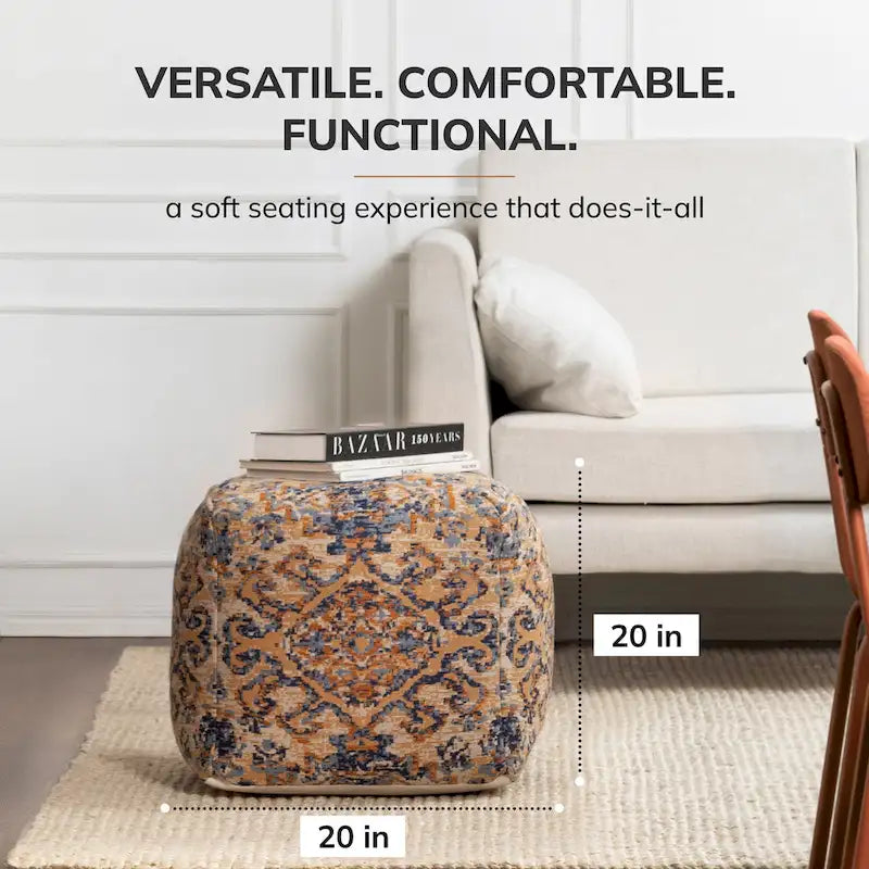 Pouf ottoman carré multicolore orange Jani Tofino de 20 pouces - Repose-pieds fait main pour salon, chambre, patio