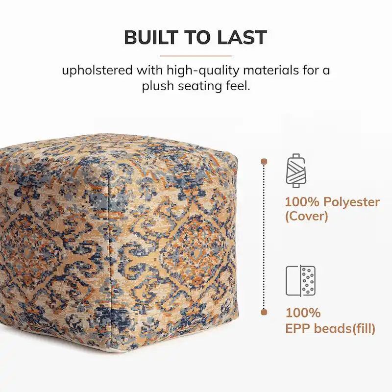 Pouf ottoman carré multicolore orange Jani Tofino de 20 pouces - Repose-pieds fait main pour salon, chambre, patio