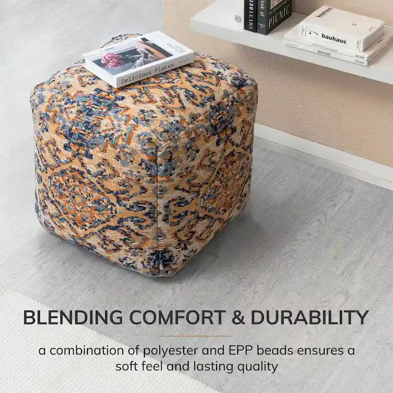 Pouf ottoman carré multicolore orange Jani Tofino de 20 pouces - Repose-pieds fait main pour salon, chambre, patio