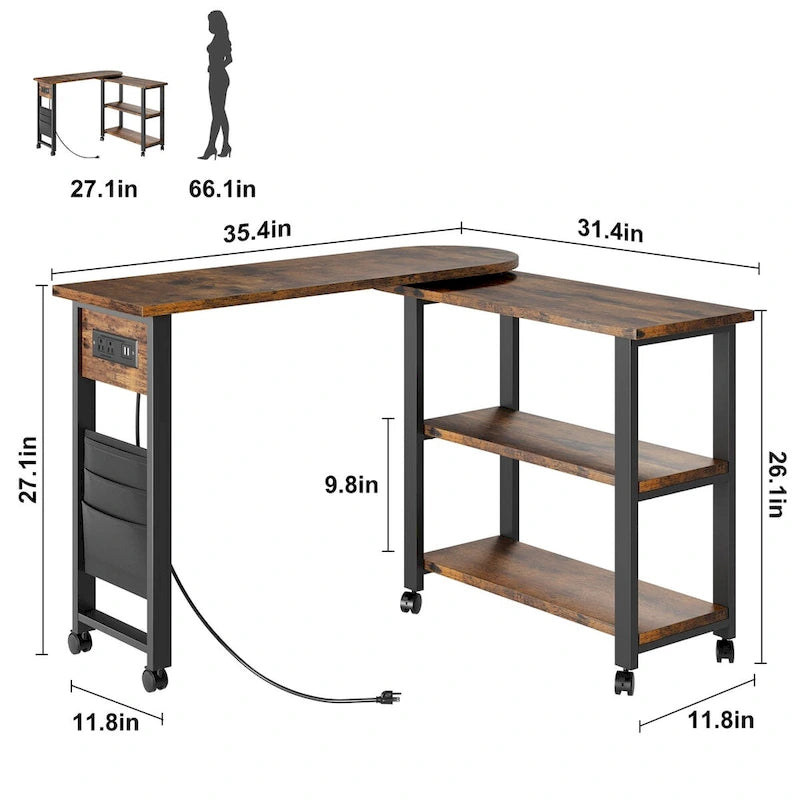 Table d'appoint rotative à 3 niveaux marron avec station de charge, pour 1 personne
