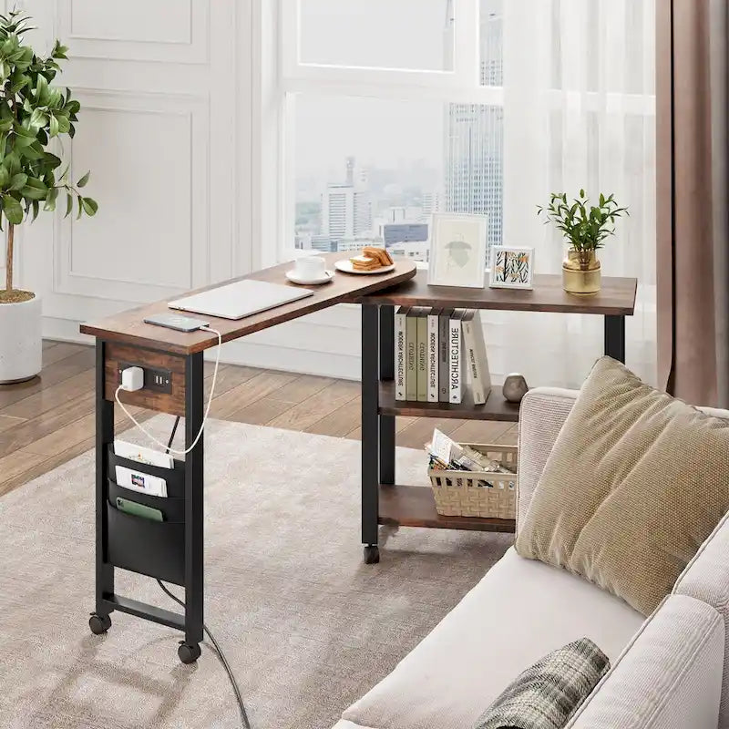 Table d'appoint rotative à 3 niveaux marron avec station de charge, pour 1 personne