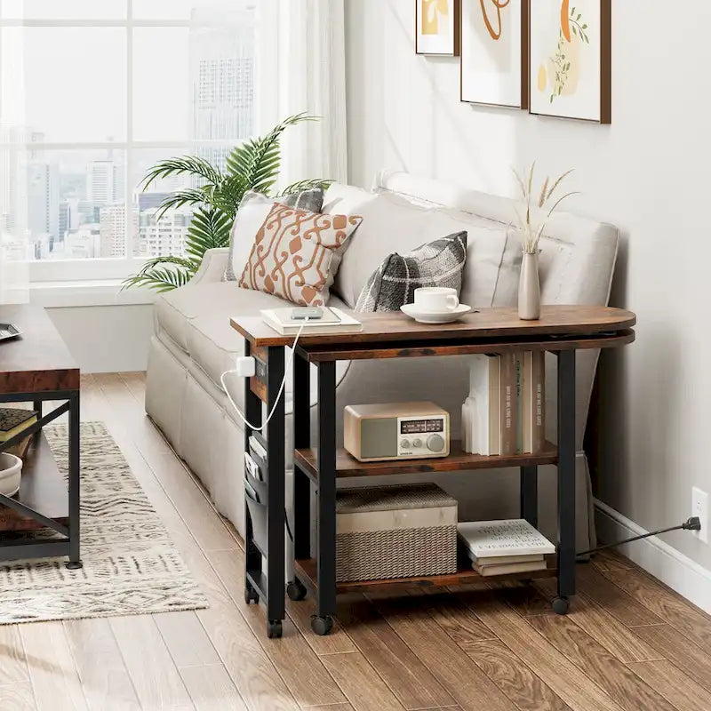 Table d'appoint rotative à 3 niveaux marron avec station de charge, pour 1 personne