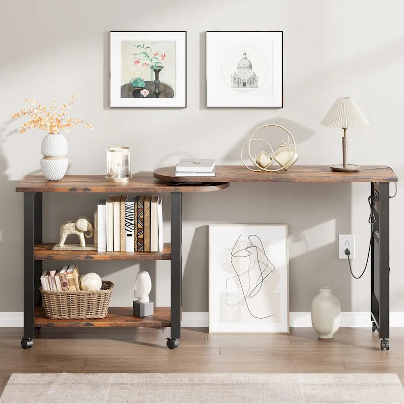 Table d'appoint rotative à 3 niveaux marron avec station de charge, pour 1 personne