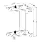 Table d'appoint contemporaine en forme de C Grondin avec plateau en verre trempé, structure en acier et acrylique, roulettes verrouillables