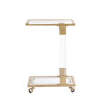 Table d'appoint contemporaine en forme de C Grondin avec plateau en verre trempé, structure en acier et acrylique, roulettes verrouillables