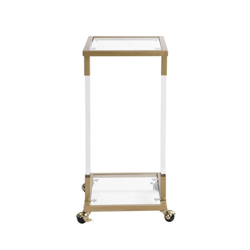 Table d'appoint contemporaine en forme de C Grondin avec plateau en verre trempé, structure en acier et acrylique, roulettes verrouillables