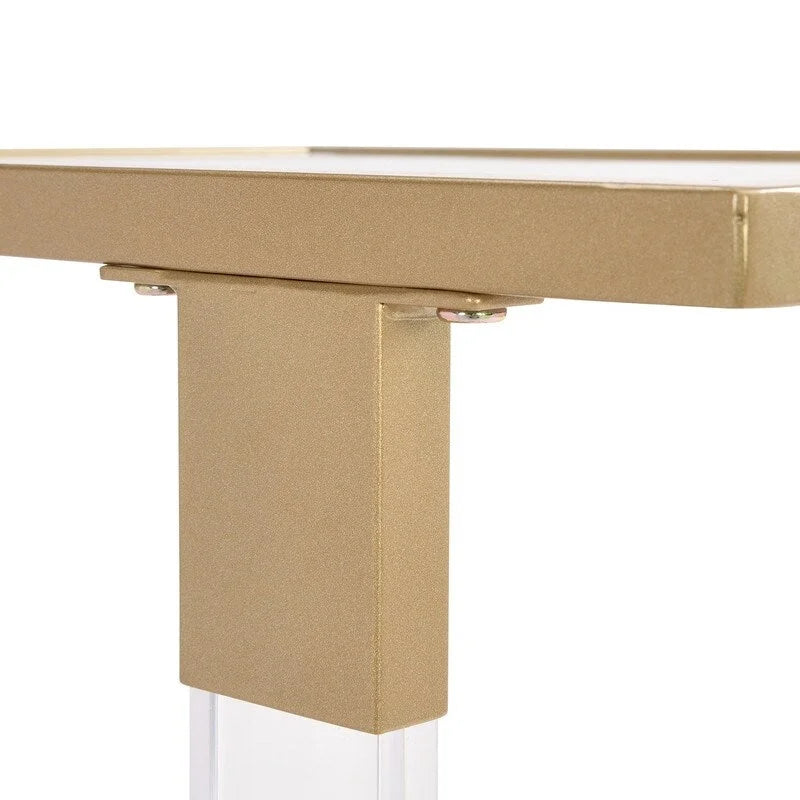 Table d'appoint contemporaine en forme de C Grondin avec plateau en verre trempé, structure en acier et acrylique, roulettes verrouillables