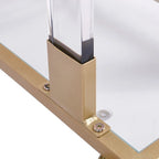 Table d'appoint contemporaine en forme de C Grondin avec plateau en verre trempé, structure en acier et acrylique, roulettes verrouillables