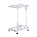Table d'appoint contemporaine en forme de C Grondin avec plateau en verre trempé, structure en acier et acrylique, roulettes verrouillables