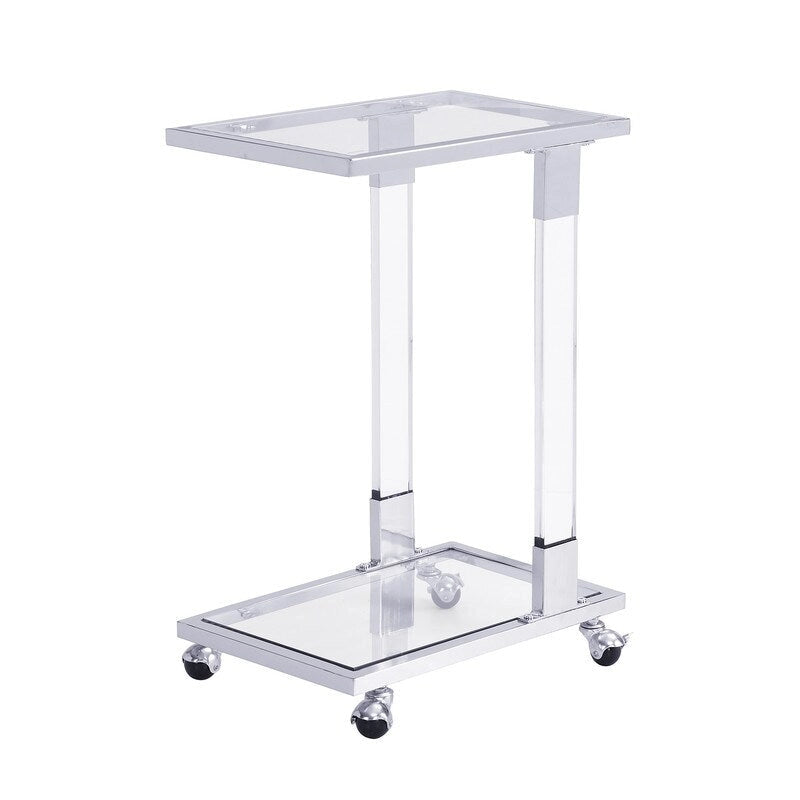 Table d'appoint contemporaine en forme de C Grondin avec plateau en verre trempé, structure en acier et acrylique, roulettes verrouillables