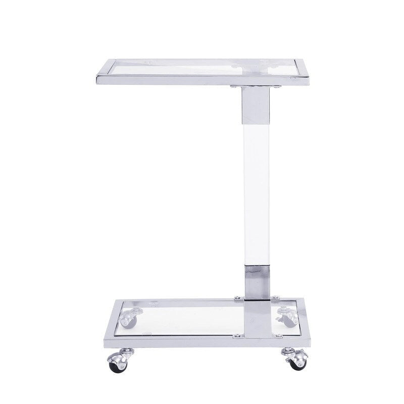 Table d'appoint contemporaine en forme de C Grondin avec plateau en verre trempé, structure en acier et acrylique, roulettes verrouillables
