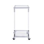 Table d'appoint contemporaine en forme de C Grondin avec plateau en verre trempé, structure en acier et acrylique, roulettes verrouillables