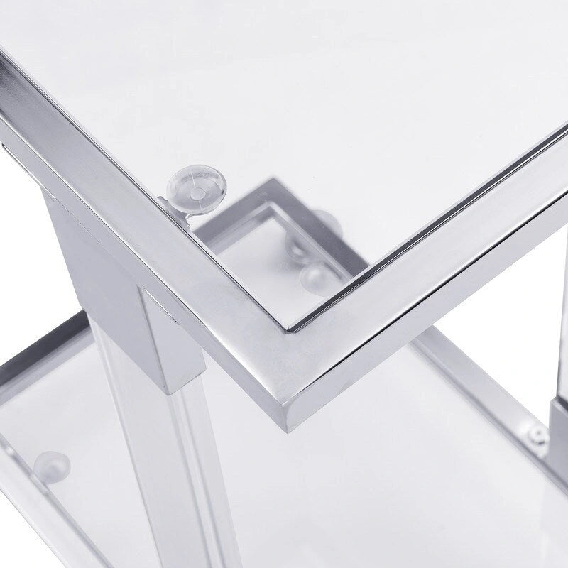 Table d'appoint contemporaine en forme de C Grondin avec plateau en verre trempé, structure en acier et acrylique, roulettes verrouillables